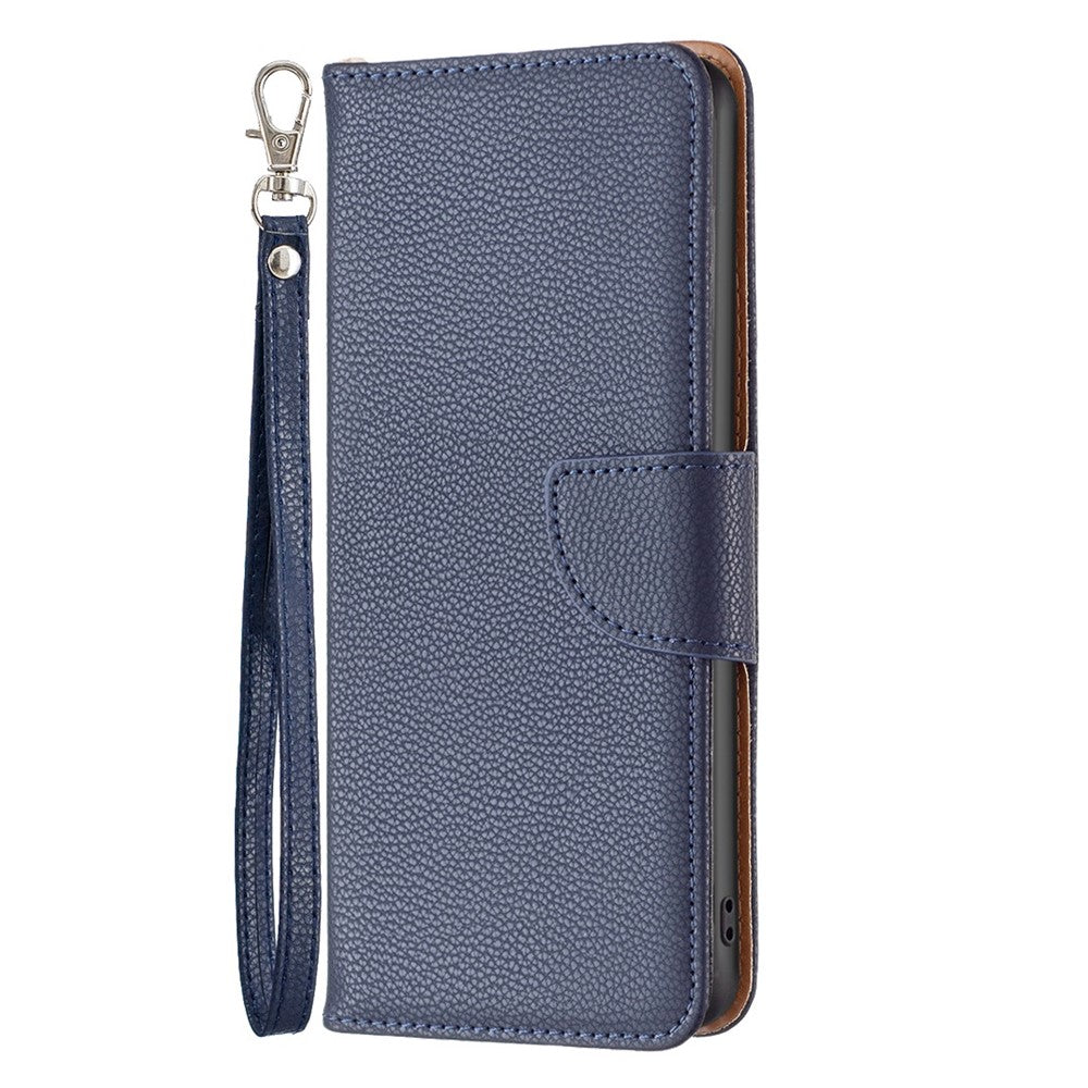 For iPhone 14 Wallet Case Litchi Texture Flip Leather Mobile Cover Stand with Strap