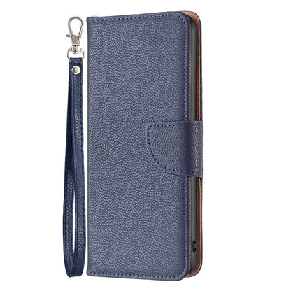 For iPhone 14 Wallet Case Litchi Texture Flip Leather Mobile Cover Stand with Strap