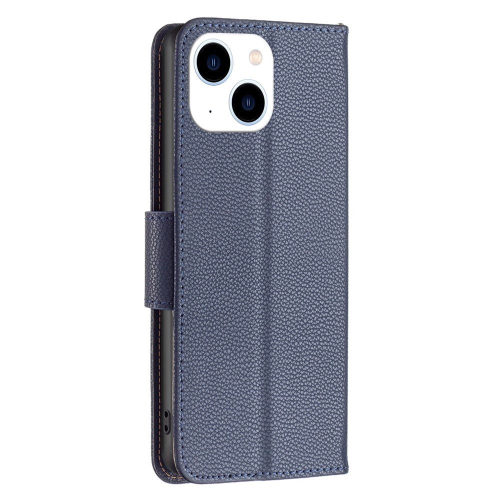 For iPhone 14 Wallet Case Litchi Texture Flip Leather Mobile Cover Stand with Strap