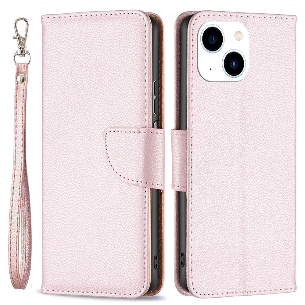 For iPhone 14 Wallet Case Litchi Texture Flip Leather Mobile Cover Stand with Strap