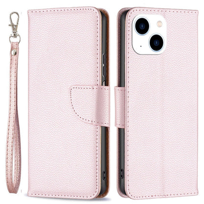 For iPhone 14 Wallet Case Litchi Texture Flip Leather Mobile Cover Stand with Strap