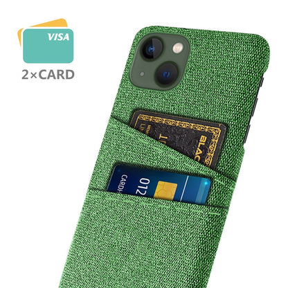 For iPhone 14 Plus 6.7 inch Cloth + PC Back Case Dual Card Slots Cloth Texture Anti-slip Phone Shell