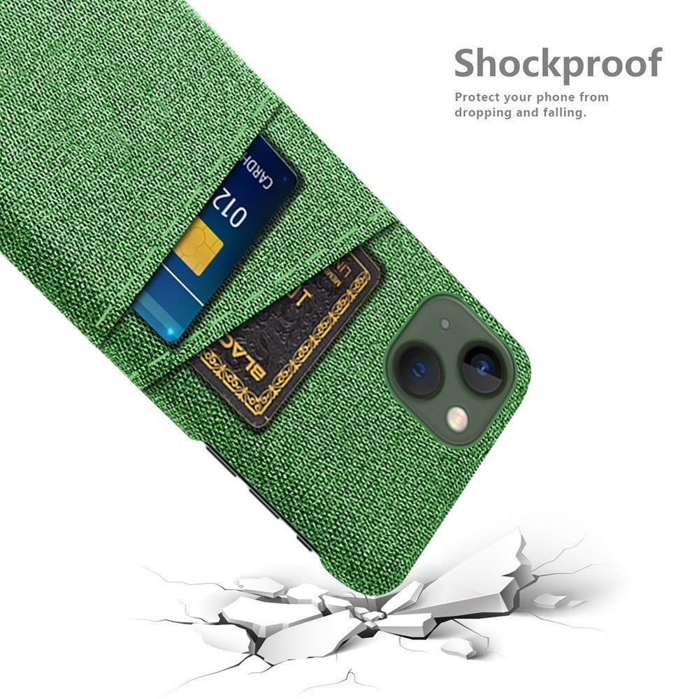 For iPhone 14 Plus 6.7 inch Cloth + PC Back Case Dual Card Slots Cloth Texture Anti-slip Phone Shell