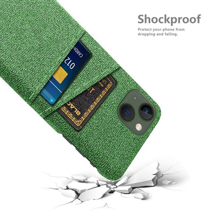 For iPhone 14 Plus 6.7 inch Cloth + PC Back Case Dual Card Slots Cloth Texture Anti-slip Phone Shell