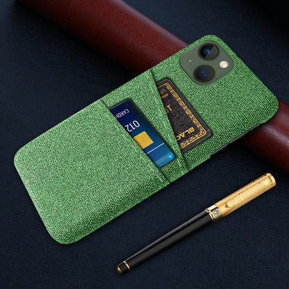 For iPhone 14 Plus 6.7 inch Cloth + PC Back Case Dual Card Slots Cloth Texture Anti-slip Phone Shell