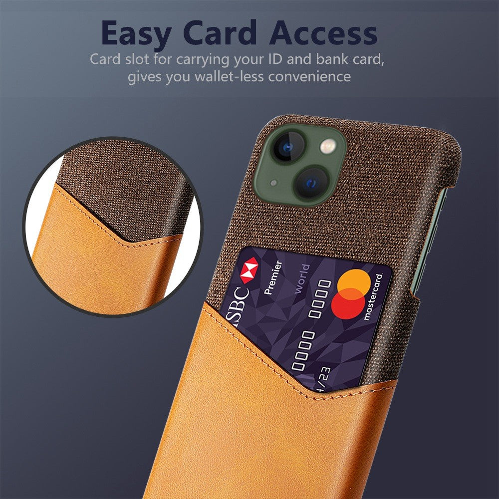 For iPhone 14 Plus 6.7 inch Cloth Texture Anti-drop Phone Case PU Leather Coated Hard PC Protective Shell with Card Slot