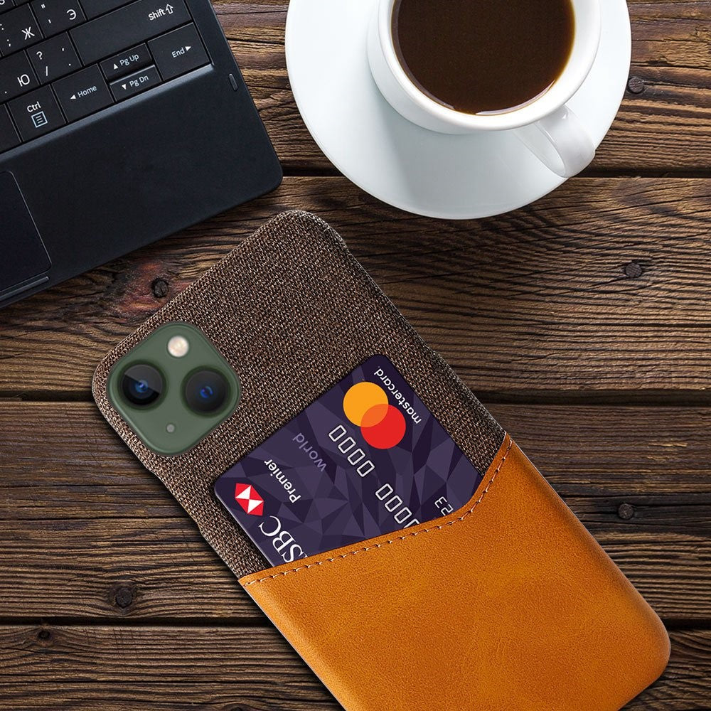 For iPhone 14 Plus 6.7 inch Cloth Texture Anti-drop Phone Case PU Leather Coated Hard PC Protective Shell with Card Slot