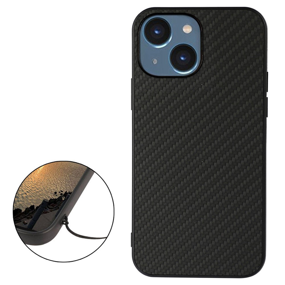 For iPhone 14 6.1 inch Ultra Slim Anti-scratch Phone Case Carbon Fiber Texture Protective Cover PU Leather Coated Hybrid Back Shell