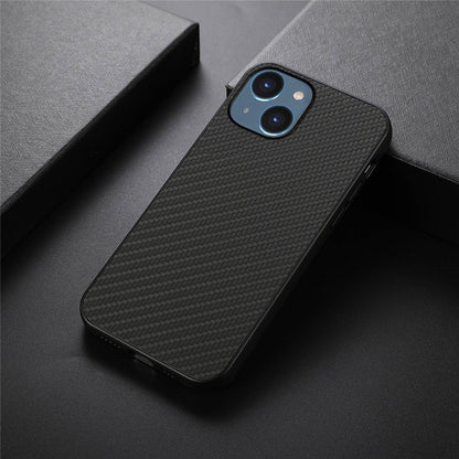 For iPhone 14 6.1 inch Ultra Slim Anti-scratch Phone Case Carbon Fiber Texture Protective Cover PU Leather Coated Hybrid Back Shell