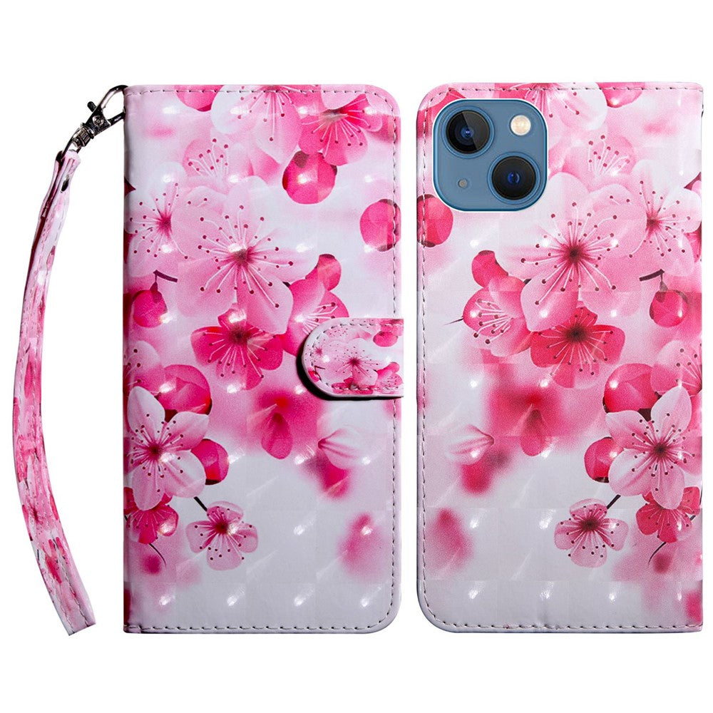 For iPhone 14 6.1 inch PU Leather Case Stand Function 3D Pattern Printed Magnet Closure Wallet Phone Cover with Strap