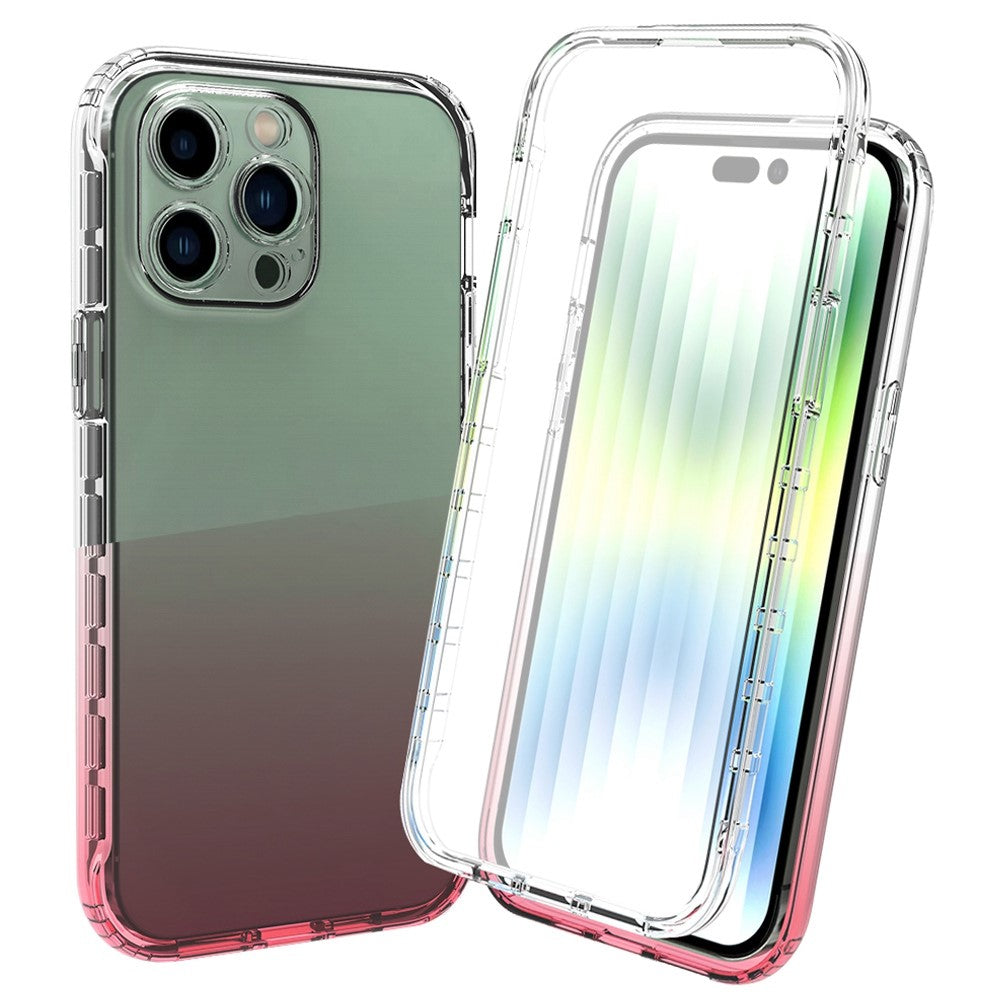 For iPhone 14 Pro Max 6.7 inch 3-in-1 Hybrid PC + TPU Cell Phone Shell Cover Gradient Shockproof Case with PET Screen Protector