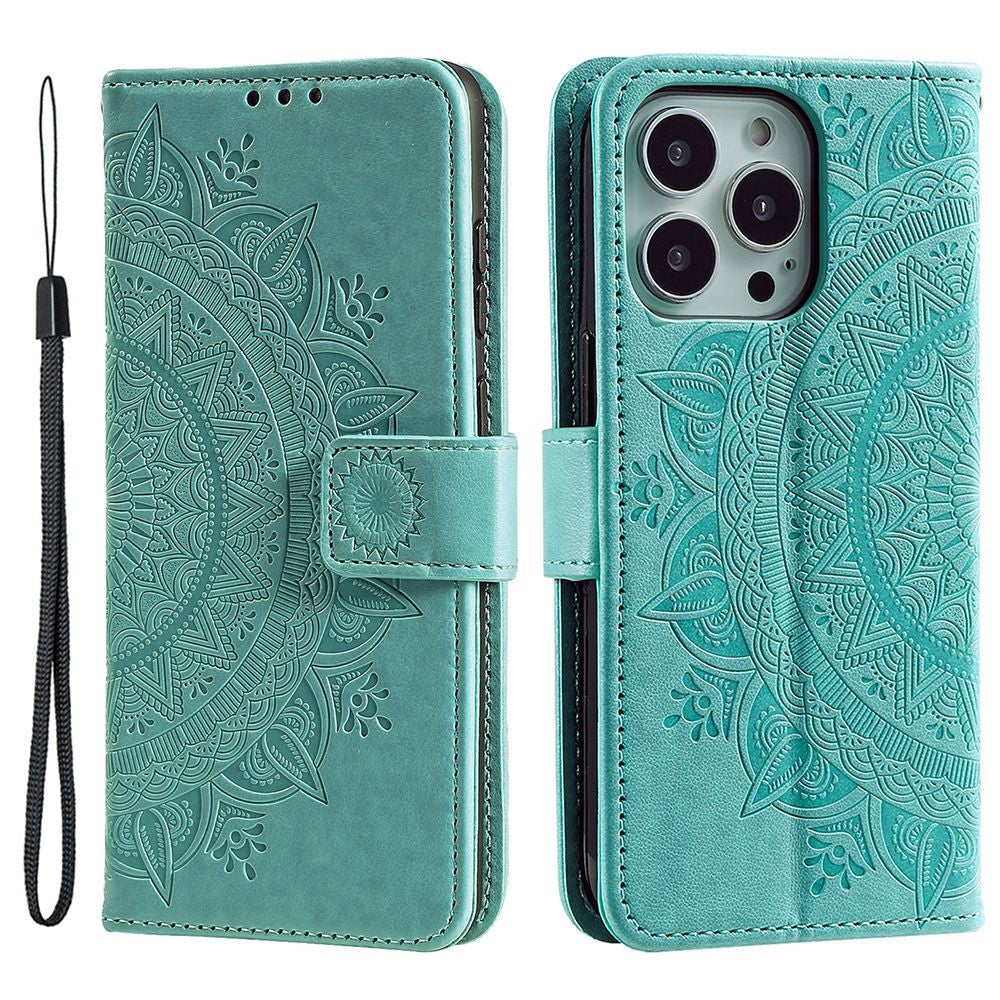 For iPhone 14 Pro Max 6.7 inch Mandala Flower Pattern Imprinted PU Leather Wallet Flip Cover TPU Inner Wrist Strap Folio Stand Cover