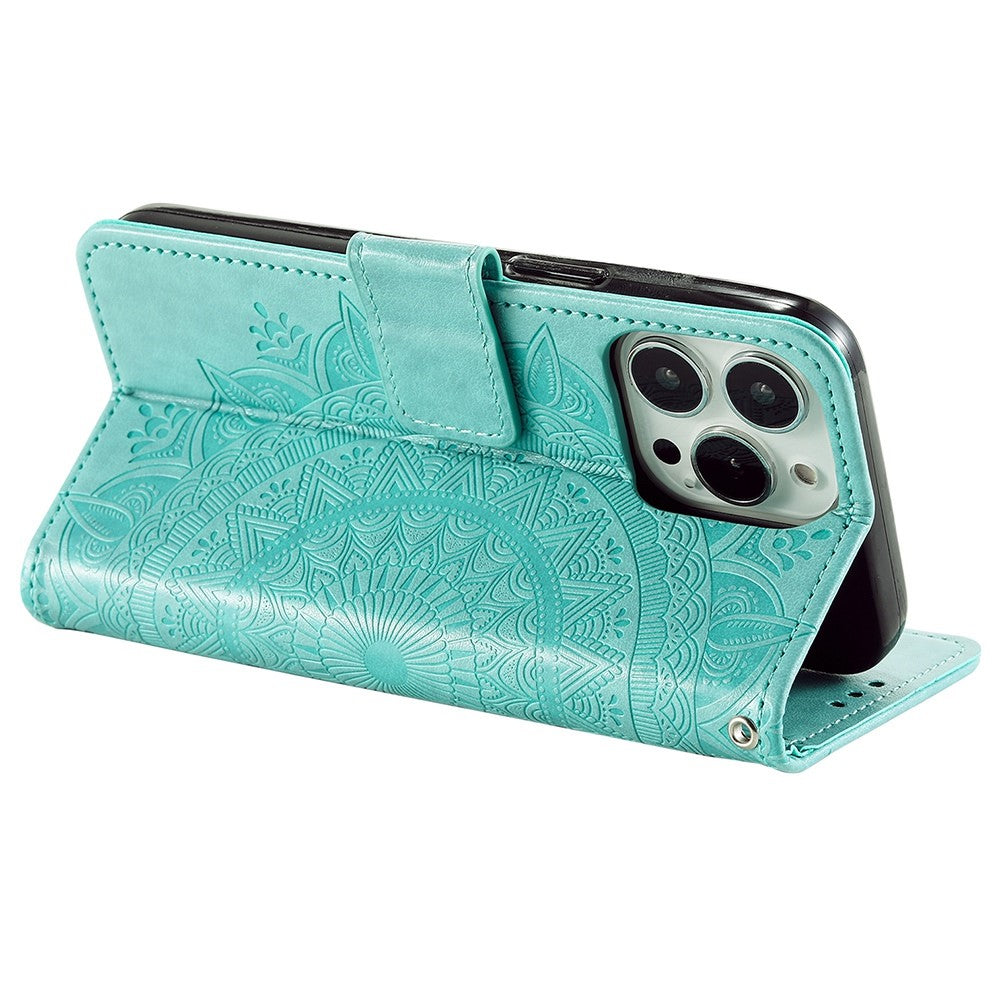 For iPhone 14 Pro Max 6.7 inch Mandala Flower Pattern Imprinted PU Leather Wallet Flip Cover TPU Inner Wrist Strap Folio Stand Cover
