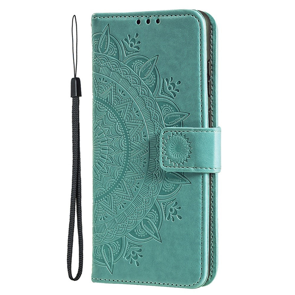 For iPhone 14 Pro Max 6.7 inch Mandala Flower Pattern Imprinted PU Leather Wallet Flip Cover TPU Inner Wrist Strap Folio Stand Cover