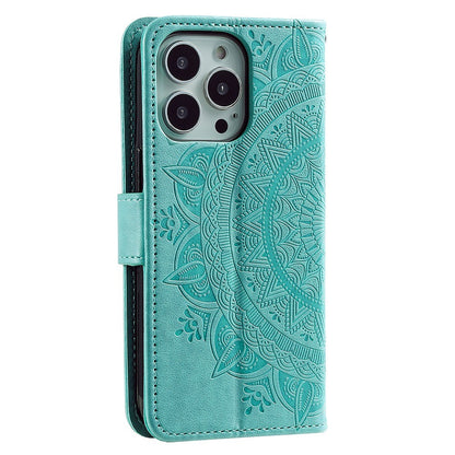 For iPhone 14 Pro Max 6.7 inch Mandala Flower Pattern Imprinted PU Leather Wallet Flip Cover TPU Inner Wrist Strap Folio Stand Cover