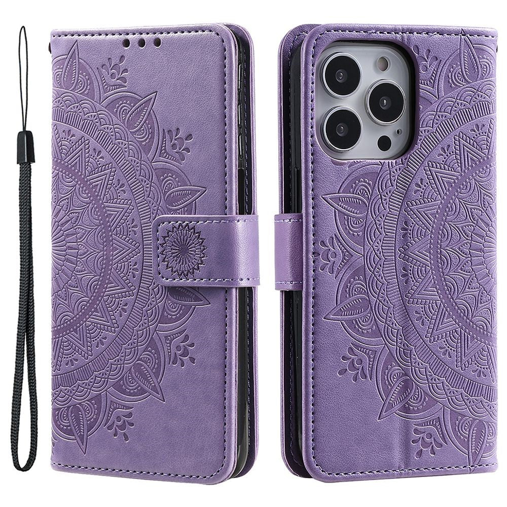 For iPhone 14 Pro Max 6.7 inch Mandala Flower Pattern Imprinted PU Leather Wallet Flip Cover TPU Inner Wrist Strap Folio Stand Cover