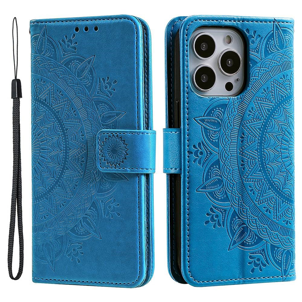 For iPhone 14 Pro Max 6.7 inch Mandala Flower Pattern Imprinted PU Leather Wallet Flip Cover TPU Inner Wrist Strap Folio Stand Cover