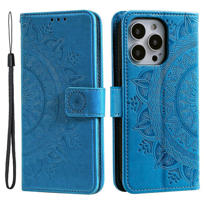 For iPhone 14 Pro Max 6.7 inch Mandala Flower Pattern Imprinted PU Leather Wallet Flip Cover TPU Inner Wrist Strap Folio Stand Cover