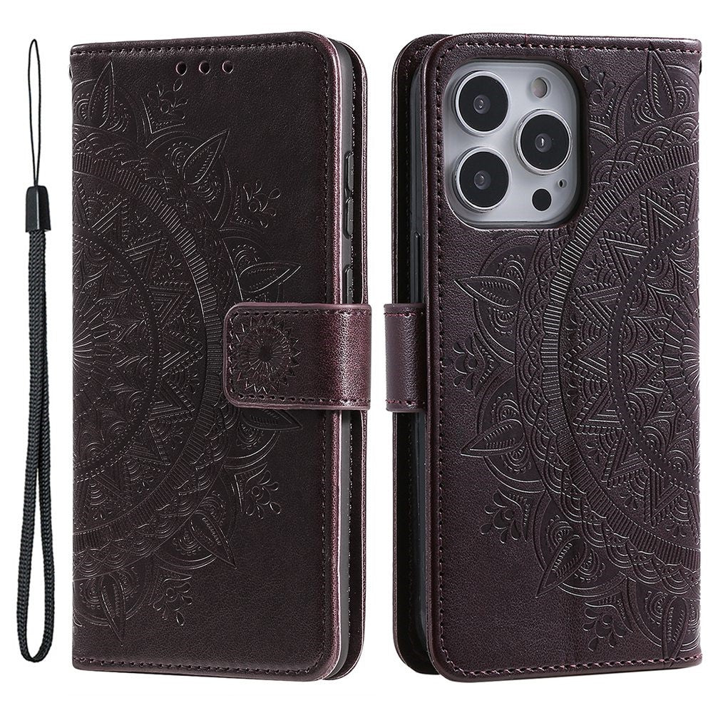 For iPhone 14 Pro Max 6.7 inch Mandala Flower Pattern Imprinted PU Leather Wallet Flip Cover TPU Inner Wrist Strap Folio Stand Cover