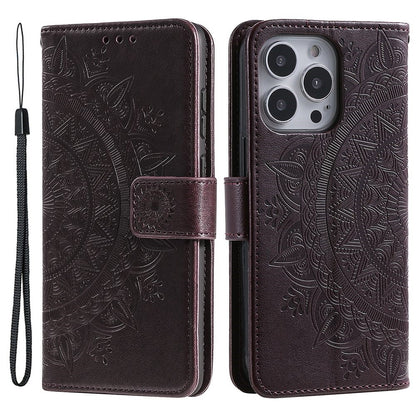 For iPhone 14 Pro Max 6.7 inch Mandala Flower Pattern Imprinted PU Leather Wallet Flip Cover TPU Inner Wrist Strap Folio Stand Cover
