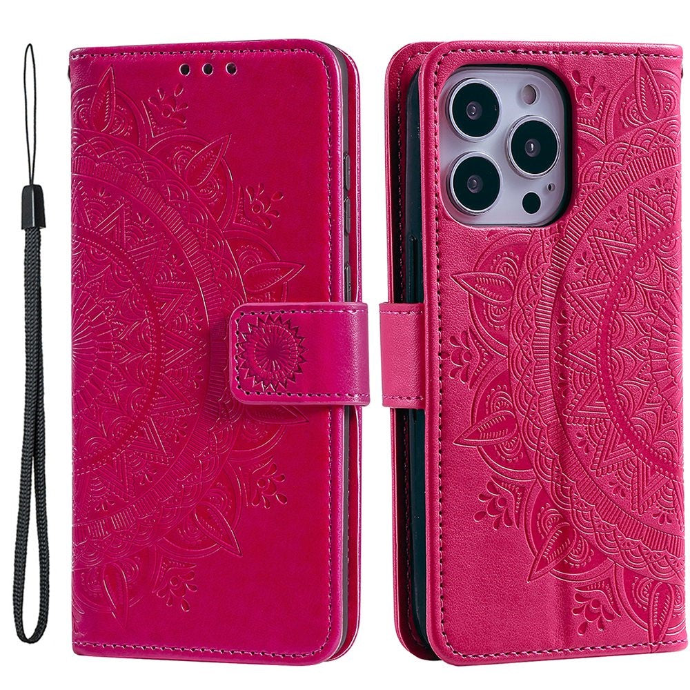 For iPhone 14 Pro Max 6.7 inch Mandala Flower Pattern Imprinted PU Leather Wallet Flip Cover TPU Inner Wrist Strap Folio Stand Cover