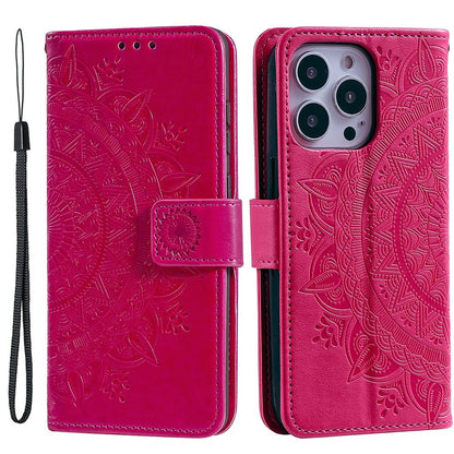 For iPhone 14 Pro Max 6.7 inch Mandala Flower Pattern Imprinted PU Leather Wallet Flip Cover TPU Inner Wrist Strap Folio Stand Cover