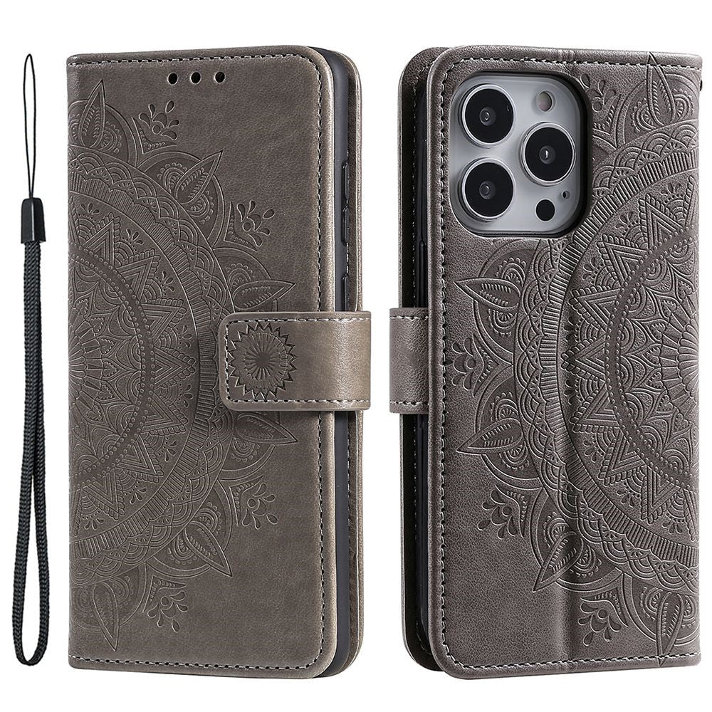 For iPhone 14 Pro Max 6.7 inch Mandala Flower Pattern Imprinted PU Leather Wallet Flip Cover TPU Inner Wrist Strap Folio Stand Cover