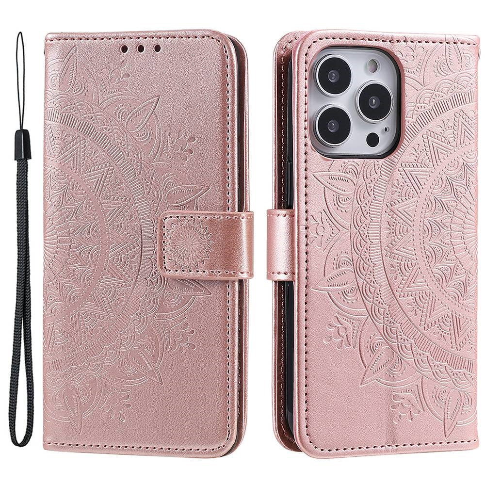 For iPhone 14 Pro Max 6.7 inch Mandala Flower Pattern Imprinted PU Leather Wallet Flip Cover TPU Inner Wrist Strap Folio Stand Cover
