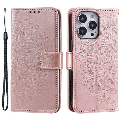 For iPhone 14 Pro Max 6.7 inch Mandala Flower Pattern Imprinted PU Leather Wallet Flip Cover TPU Inner Wrist Strap Folio Stand Cover