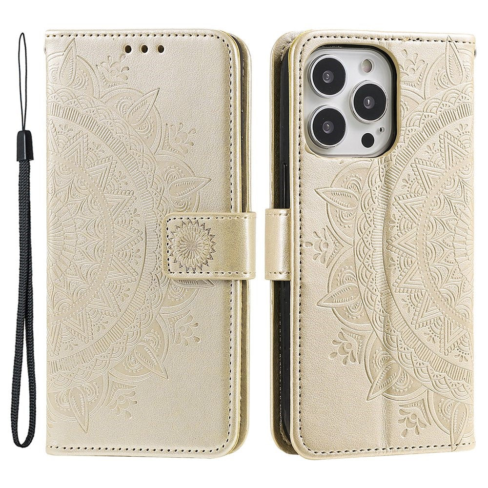 For iPhone 14 Pro Max 6.7 inch Mandala Flower Pattern Imprinted PU Leather Wallet Flip Cover TPU Inner Wrist Strap Folio Stand Cover