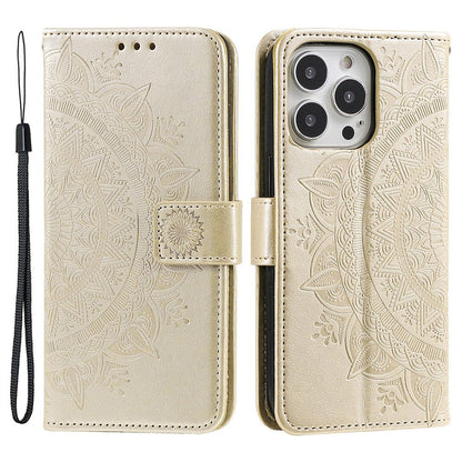 For iPhone 14 Pro Max 6.7 inch Mandala Flower Pattern Imprinted PU Leather Wallet Flip Cover TPU Inner Wrist Strap Folio Stand Cover