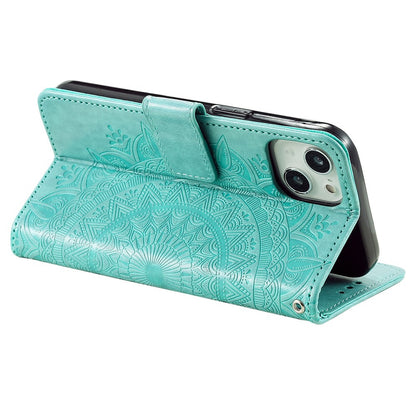 For iPhone 14 6.1 inch Imprinted Mandala Flower Pattern Folding Stand PU Leather Case Magnetic Clasp Wallet Flip Cover with Strap