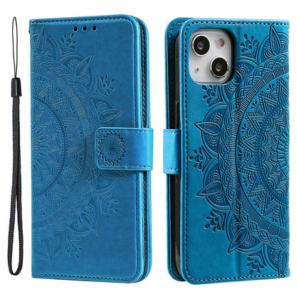For iPhone 14 6.1 inch Imprinted Mandala Flower Pattern Folding Stand PU Leather Case Magnetic Clasp Wallet Flip Cover with Strap