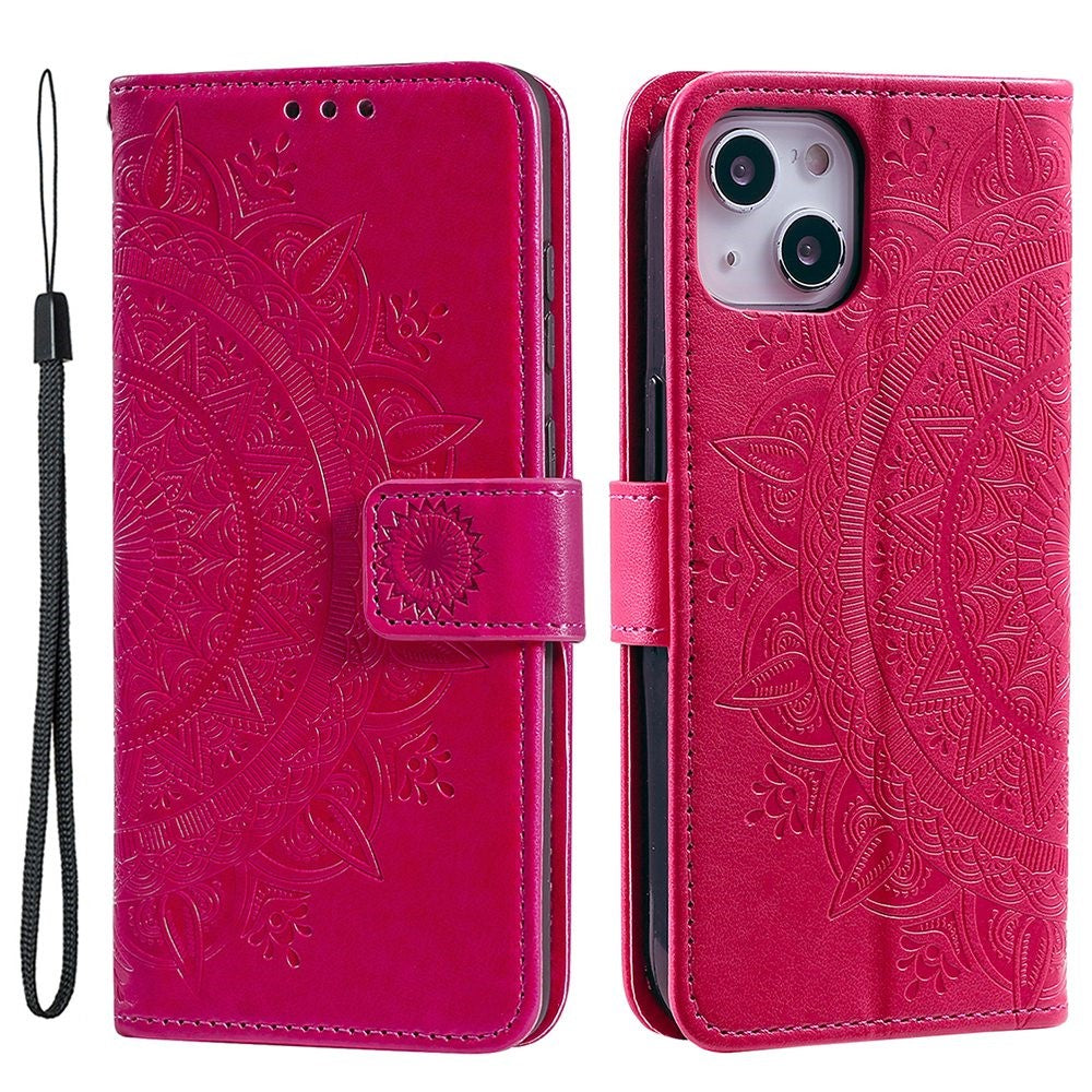 For iPhone 14 6.1 inch Imprinted Mandala Flower Pattern Folding Stand PU Leather Case Magnetic Clasp Wallet Flip Cover with Strap