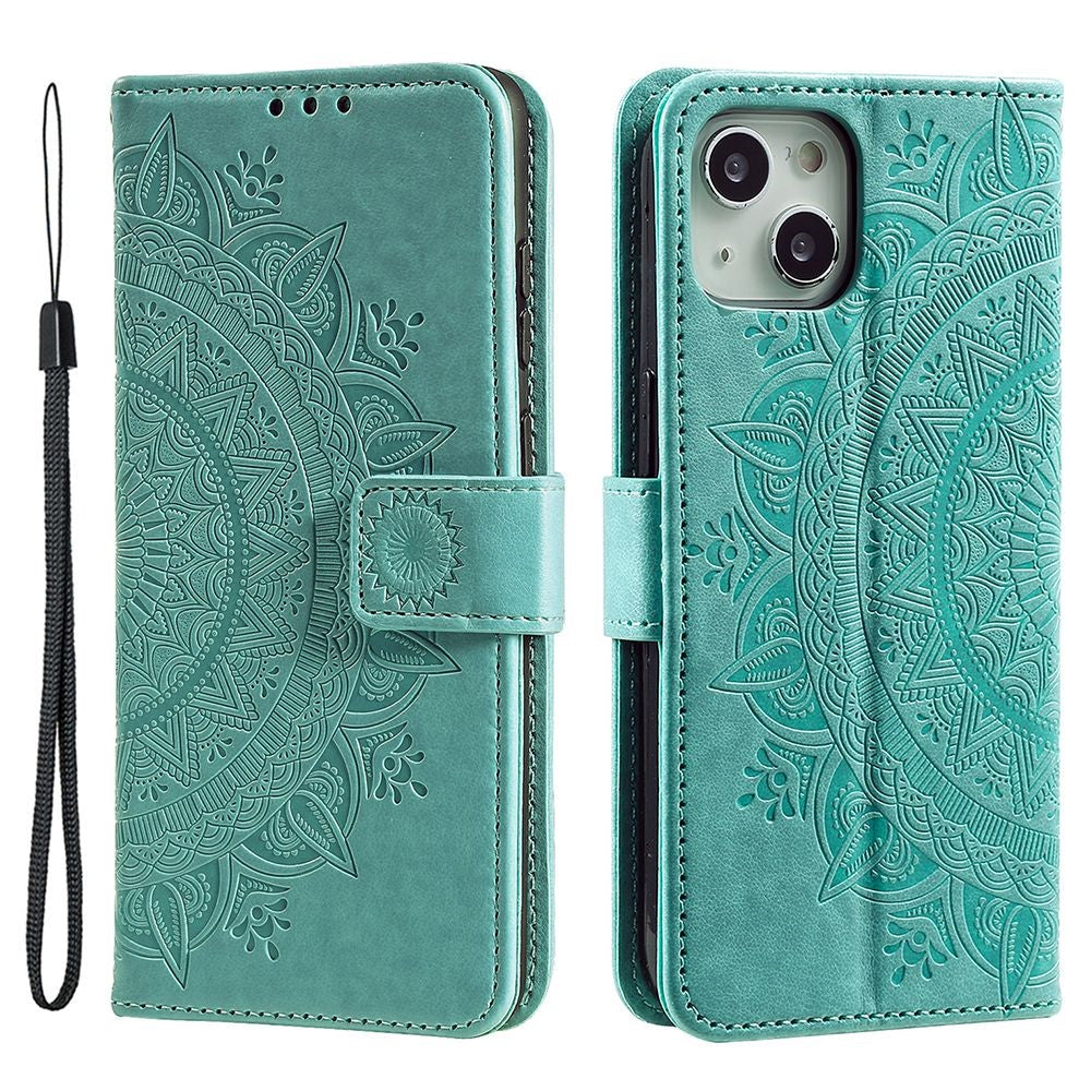 For iPhone 14 Plus 6.7 inch Wallet Case Imprinted Mandala Flower Pattern PU Leather Wrist Strap Stand Feature Flip Cover
