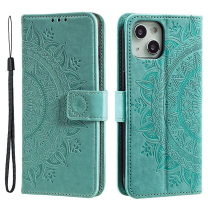For iPhone 14 Plus 6.7 inch Wallet Case Imprinted Mandala Flower Pattern PU Leather Wrist Strap Stand Feature Flip Cover