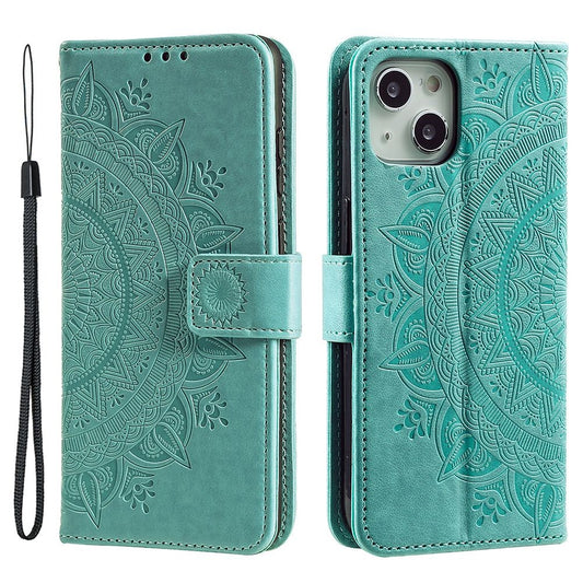 For iPhone 14 Plus 6.7 inch Wallet Case Imprinted Mandala Flower Pattern PU Leather Wrist Strap Stand Feature Flip Cover