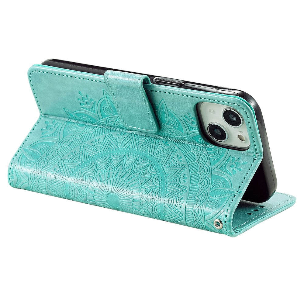 For iPhone 14 Plus 6.7 inch Wallet Case Imprinted Mandala Flower Pattern PU Leather Wrist Strap Stand Feature Flip Cover