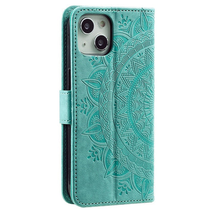 For iPhone 14 Plus 6.7 inch Wallet Case Imprinted Mandala Flower Pattern PU Leather Wrist Strap Stand Feature Flip Cover