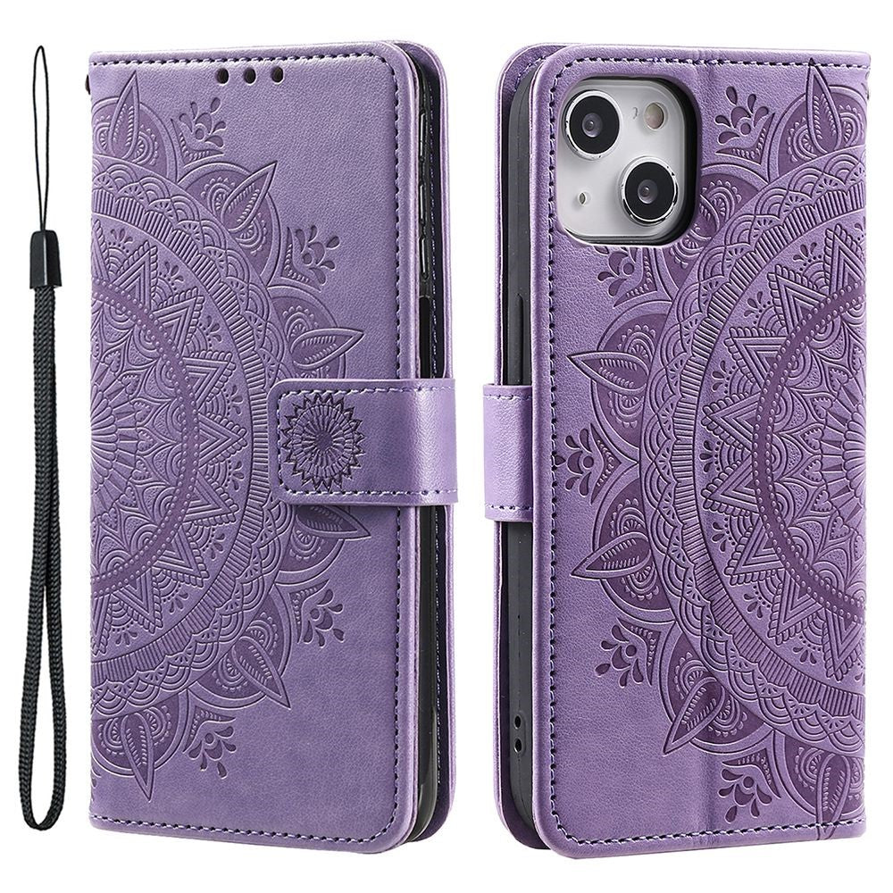 For iPhone 14 Plus 6.7 inch Wallet Case Imprinted Mandala Flower Pattern PU Leather Wrist Strap Stand Feature Flip Cover