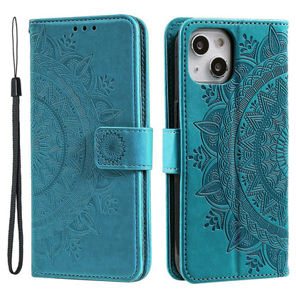 For iPhone 14 Plus 6.7 inch Wallet Case Imprinted Mandala Flower Pattern PU Leather Wrist Strap Stand Feature Flip Cover