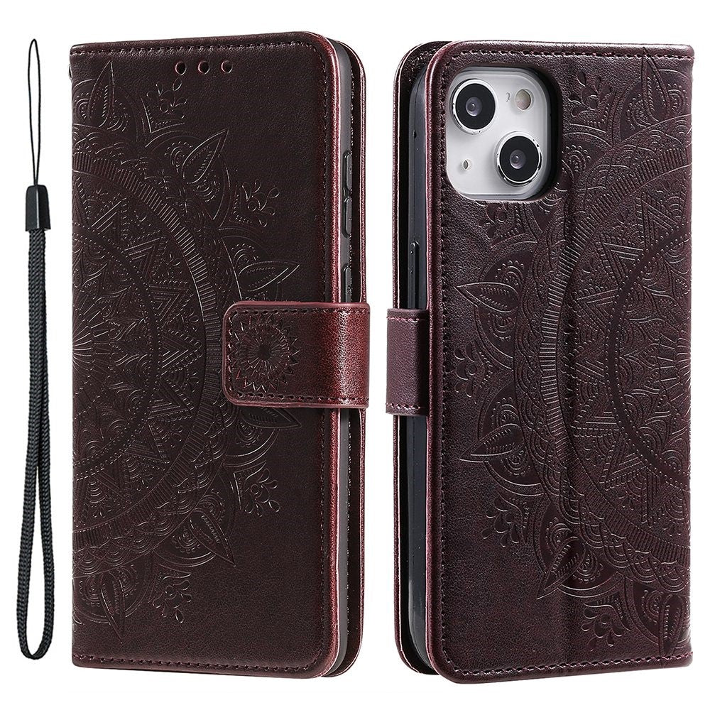 For iPhone 14 Plus 6.7 inch Wallet Case Imprinted Mandala Flower Pattern PU Leather Wrist Strap Stand Feature Flip Cover