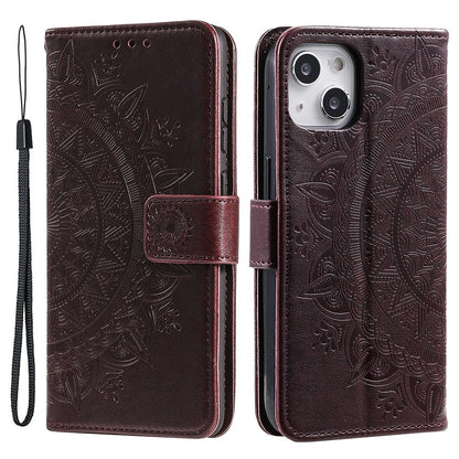 For iPhone 14 Plus 6.7 inch Wallet Case Imprinted Mandala Flower Pattern PU Leather Wrist Strap Stand Feature Flip Cover