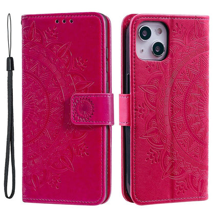 For iPhone 14 Plus 6.7 inch Wallet Case Imprinted Mandala Flower Pattern PU Leather Wrist Strap Stand Feature Flip Cover