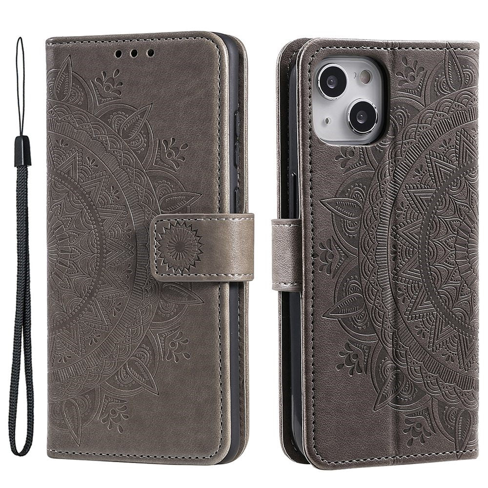 For iPhone 14 Plus 6.7 inch Wallet Case Imprinted Mandala Flower Pattern PU Leather Wrist Strap Stand Feature Flip Cover
