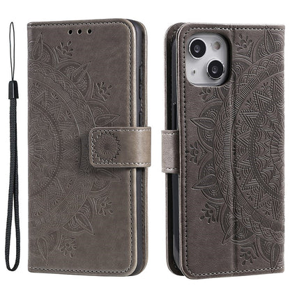 For iPhone 14 Plus 6.7 inch Wallet Case Imprinted Mandala Flower Pattern PU Leather Wrist Strap Stand Feature Flip Cover