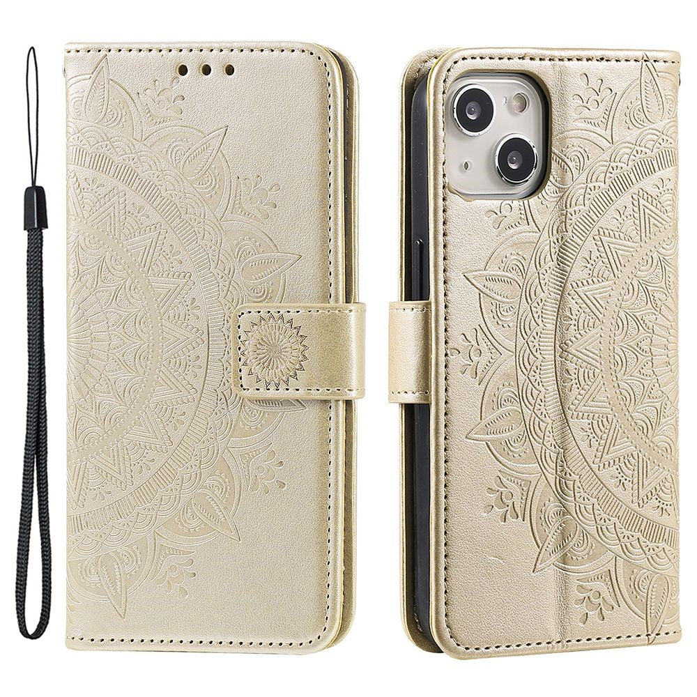 For iPhone 14 Plus 6.7 inch Wallet Case Imprinted Mandala Flower Pattern PU Leather Wrist Strap Stand Feature Flip Cover
