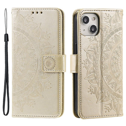 For iPhone 14 Plus 6.7 inch Wallet Case Imprinted Mandala Flower Pattern PU Leather Wrist Strap Stand Feature Flip Cover