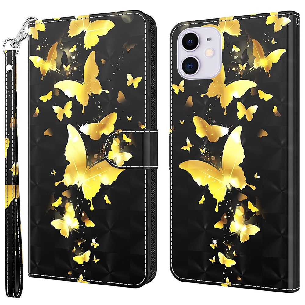For iPhone 14 6.1 inch Shockproof PU Leather Phone Case Stand 3D Pattern Printed Magnet Closure Wallet Full Protection Phone Cover with Strap
