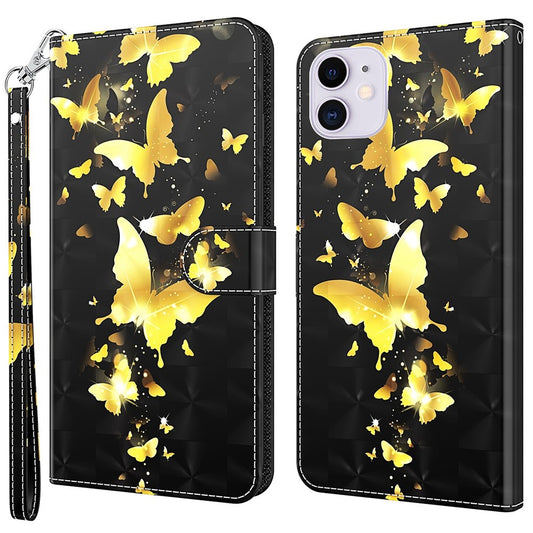 For iPhone 14 6.1 inch Shockproof PU Leather Phone Case Stand 3D Pattern Printed Magnet Closure Wallet Full Protection Phone Cover with Strap